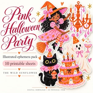 以下が含まれることがあります： Pink Halloween Partyと題されたデジタルエフェメラパック。印刷可能な10枚のシートが含まれています。ほうきに乗った魔女、オレンジ色のシャンデリア、カクテルを持つ幽霊、カップケーキを持つ黒猫、幽霊で飾られたケーキのイラストが描かれています。