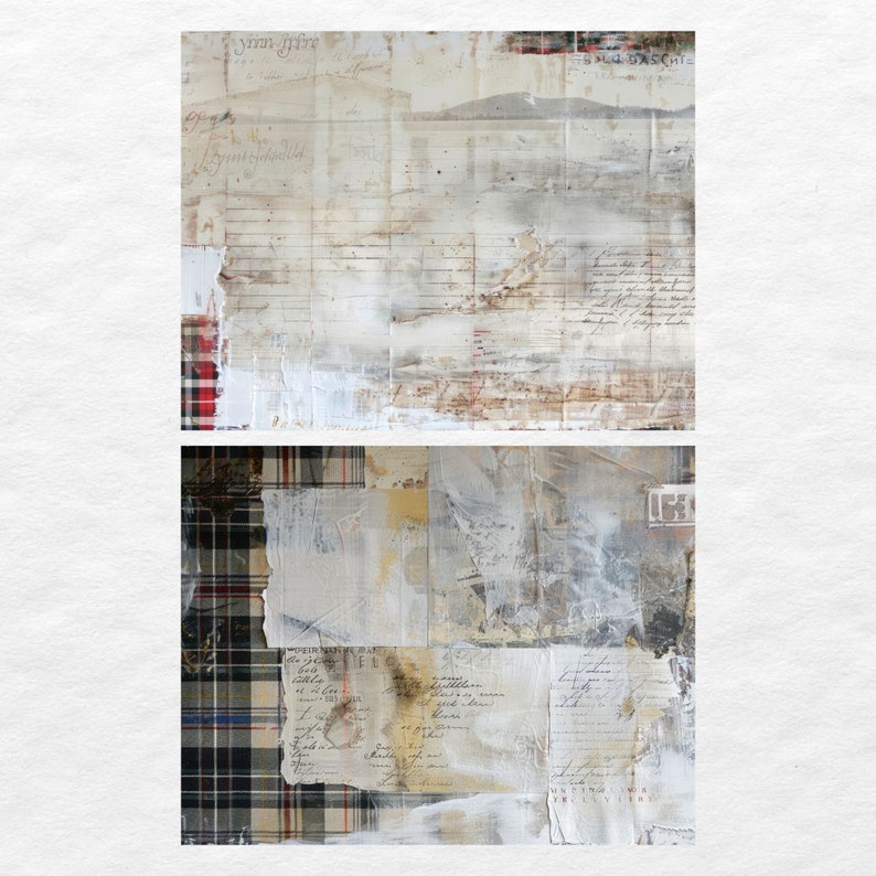 May include: Two abstract art pieces with a collage style. The top piece is a white background with brown and red accents. The bottom piece is a black, white, and red plaid pattern with a white background and brown and gray accents. Both pieces have handwritten text.