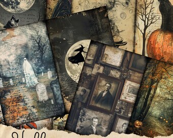 Halloween Junk Journal Pages, Digital Scrapbook Paper Kit, Spooky Gothic Printable, Vintage Ephemera, Pumpkin Collage Sheet, Grimoire BOS