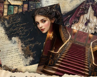 May include: A digital collage of 20 junk journal pages with a Victorian theme. The pages feature images of a young woman, a grand staircase, and old books with handwritten text. The text "Regal Victorian" is at the bottom of the collage.