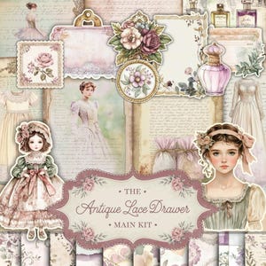 Kit de diário de gaveta de renda antiga, itens vintage para impressão, folhas de colagem de scrapbook com página de escrita bege envelhecida, mídia mista