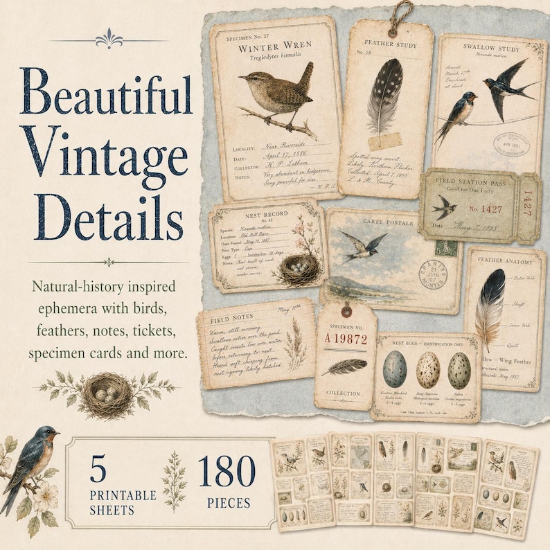 Vintage Bird Ephemera, Printable Junk Journal Pack, Bird Study Tags ...