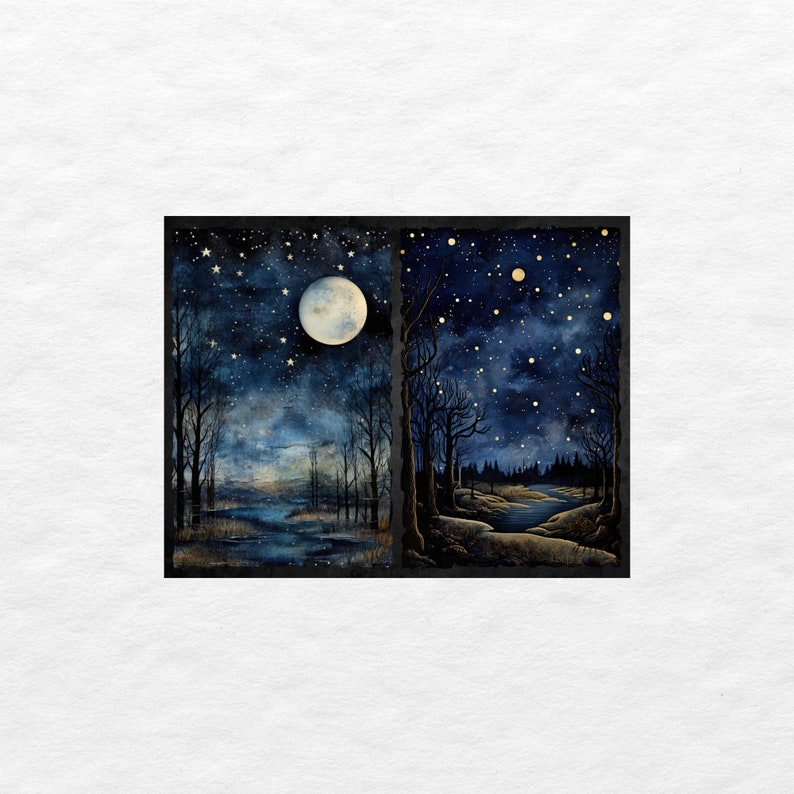 May include: A digital painting of two night scenes with a full moon and stars in the sky. The left side shows a moonlit forest with a river in the foreground. The right side shows a forest with a river in the foreground and a starry sky.