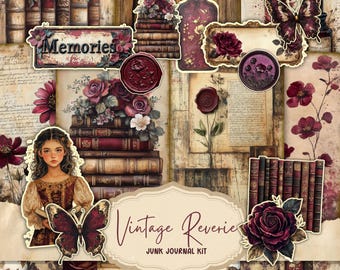 Secret Library Junk Journal Kit, afdrukbare JPG-pagina's met ephemera, tags, bladwijzer, Dark Academia, oud boek digitaal papier, digitale download