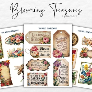 Op de afbeelding: Een set digitale, afdrukbare stickers met bloemmotieven en inspirerende citaten over tuinieren. De stickers bevatten een verscheidenheid aan bloemen, waaronder zonnebloemen, rozen en tulpen. De citaten zijn: "Het leven begon in een tuin", "Bloei waar je bent geplant" en "Een tuin planten is geloven in morgen".