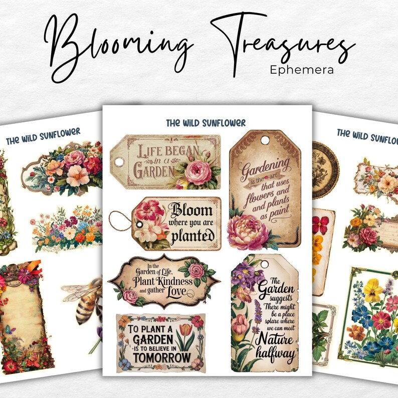 Op de afbeelding: Een set digitale, afdrukbare stickers met bloemmotieven en inspirerende citaten over tuinieren. De stickers bevatten een verscheidenheid aan bloemen, waaronder zonnebloemen, rozen en tulpen. De citaten zijn: "Het leven begon in een tuin", "Bloei waar je bent geplant" en "Een tuin planten is geloven in morgen".