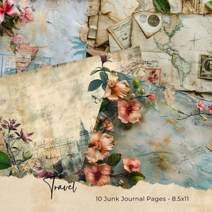 Vintage Travel Junk Journal Pages, Digital Floral Ephemera, Printable Shabby Collage Sheet, Antique Suitcase, Scrapbook Vacation Paper Kit