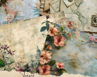 Páginas de diário de viagem vintage, itens florais digitais, folhas de colagem surradas para impressão, mala antiga, kit de papel para scrapbook de férias