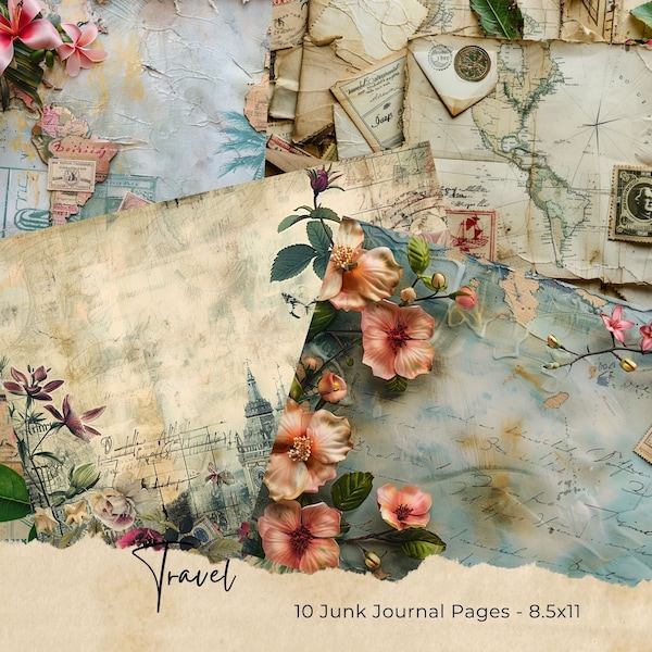 Vintage Travel Junk Journal Pages, Digital Floral Ephemera, Printable Shabby Collage Sheet, Antique Suitcase, Scrapbook Vacation Paper Kit