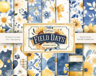 May include: A digital paper pack with 24 high-quality JPG images featuring a variety of patterns in shades of blue and yellow. The patterns include sunflowers, lemons, gingham, hearts, and floral designs. The title of the pack is "Golden Field Days Paper Pack".
