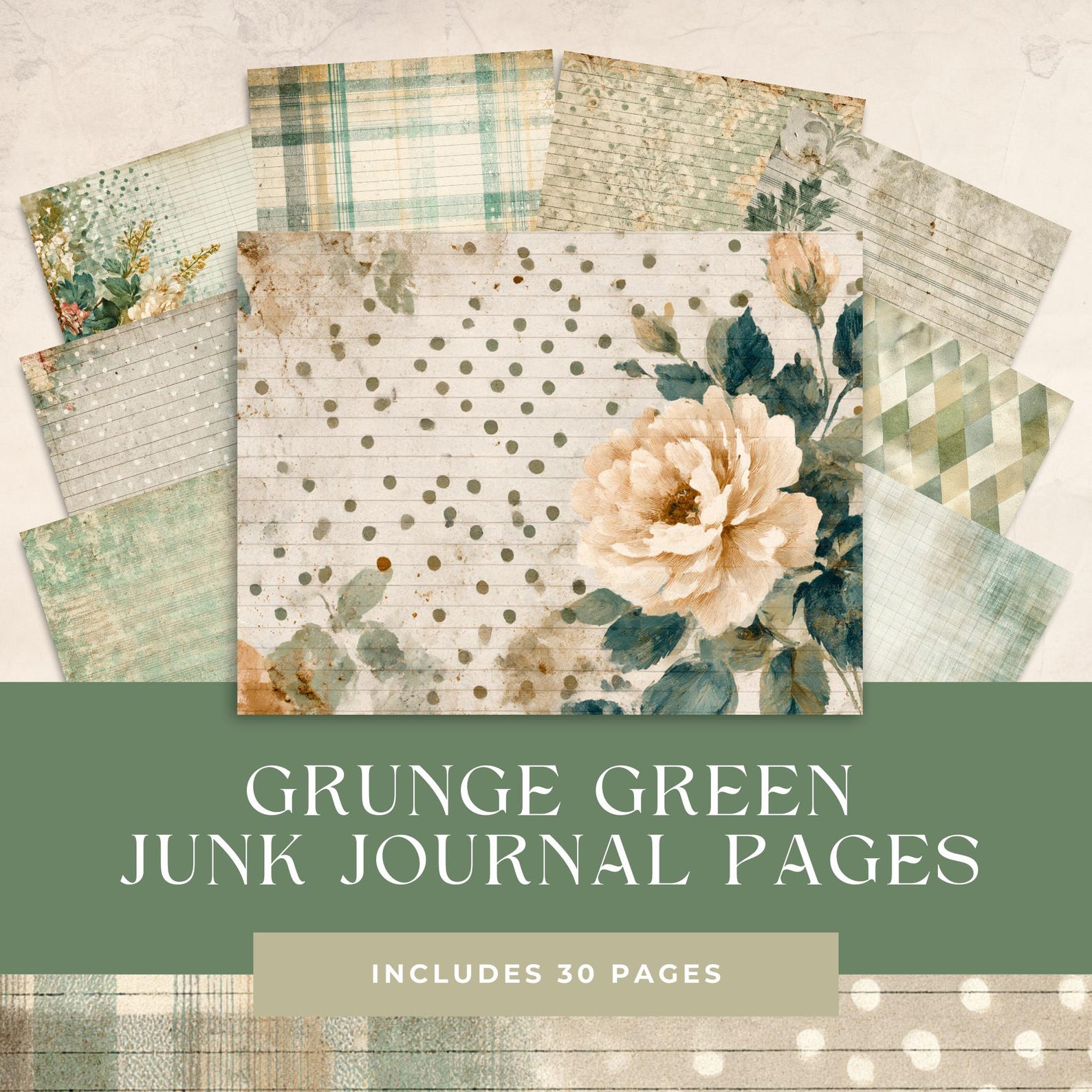 Grunge Green Junk Journal Pages, Vintage Floral Digital Paper, Shabby ...