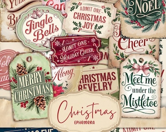 Printable Junk Journal Christmas Words | Collage Sheet | Digital Journal Words Ephemera | Scrapbooking | Labels | Tags
