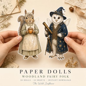 May include: Two paper dolls featuring a squirrel wearing a bonnet and apron while holding an acorn, and an owl wearing a star-patterned wizard hat and coat while holding a telescope. Both figures have translucent fairy wings attached to their backs.