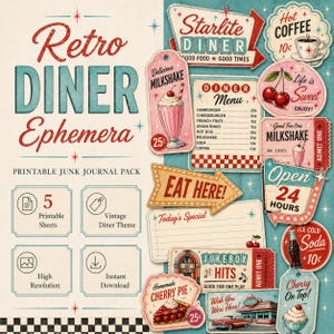 Puede incluir: Una colección de efímeras de restaurante retro, que incluye hojas imprimibles, tarjetas de menú y letreros. El diseño presenta un tema de restaurante vintage con ilustraciones de batidos, tarta de cerezas y una gramola. La paleta de colores incluye rojo, verde azulado y crema.