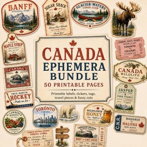 Vintage Canada Ephemera Pack, 50 Printable Pages, Canadian Travel Labels, Wildlife Fussy Cuts, Junk Journal Kit, Digital Download