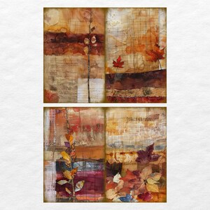 May include: A collage of four square panels with a mixed media art style. Each panel features a different arrangement of dried leaves, textured paper, and paint in shades of brown, orange, red, and white.