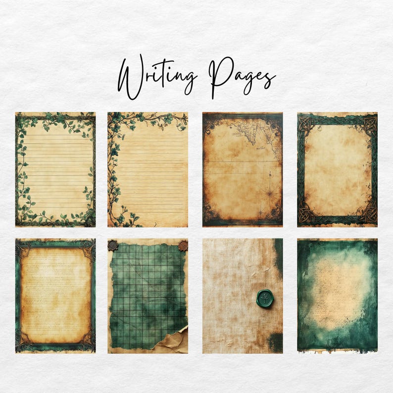 May include: Eight printable writing pages with different designs. The pages feature a variety of textures, including lined, grid, and plain paper. The pages are decorated with green vines and a wax seal.