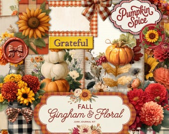 Kit de diario digital con estampado floral de cuadros vichy otoñales, efímeras imprimibles de otoño, páginas acogedoras para álbumes de recortes, collage vintage, descarga instantánea