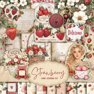 Kit de diario basura de fresas, rojo, fresas, libro de recetas, fruta, verano, cocina de la abuela, páginas de comida, descarga digital, imprimible