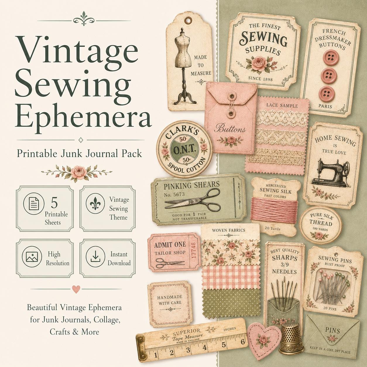 Vintage Sewing Ephemera Pack, Printable Junk Journal Kit, Sewing Tags ...