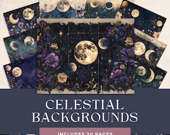 Celestial Moon Junk Journal Pages, Digital Scrapbook Paper Kit, Vintage Night Sky Ephemera, Astronomy Printable, Mystical Star Collage Sheet