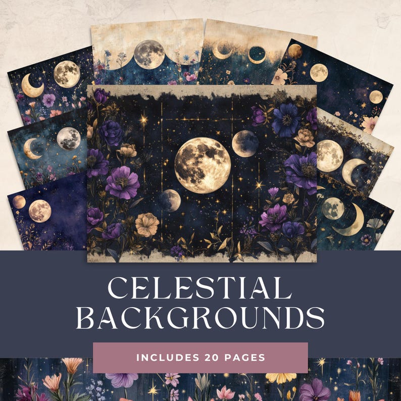 Celestial Moon Junk Journal Pages, Digital Scrapbook Paper Kit, Vintage ...