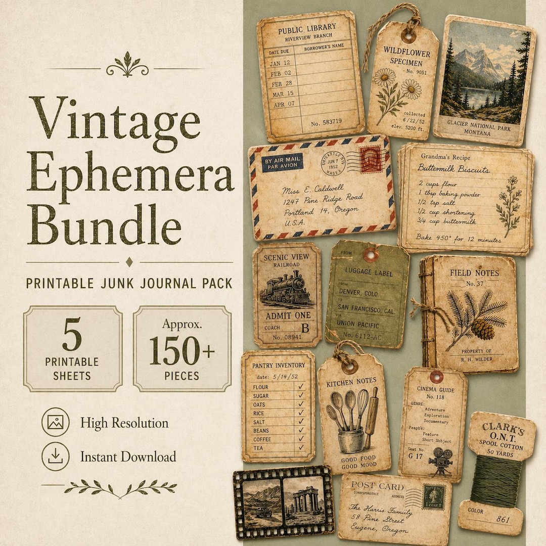 Vintage Ephemera Bundle, Printable Junk Journal Pack, Neutral Tags ...