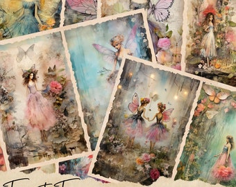 May include: Eleven digital printable pages featuring whimsical illustrations of fairies with wings, flowers, and butterflies. The pages are designed for use in junk journals and have a vintage aesthetic.