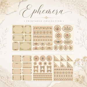 May include: A printable ephemera collection featuring various paper labels, borders, tags, and corner accents. The designs include floral embroidery patterns in red, blue, and green on a cream-coloured background with a textured linen appearance.