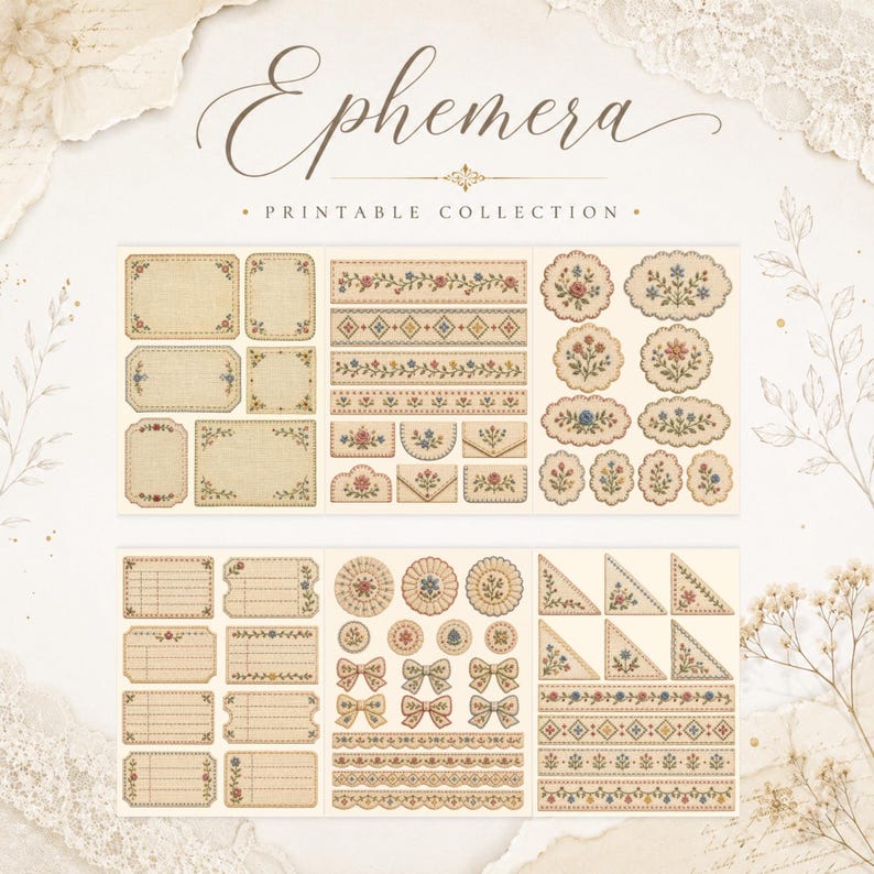 May include: A printable ephemera collection featuring various paper labels, borders, tags, and corner accents. The designs include floral embroidery patterns in red, blue, and green on a cream-coloured background with a textured linen appearance.