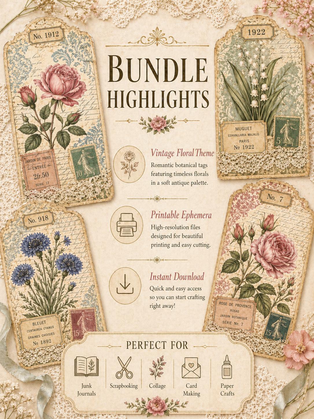 Vintage Floral Tags Ephemera Bundle, Printable Junk Journal Tags ...