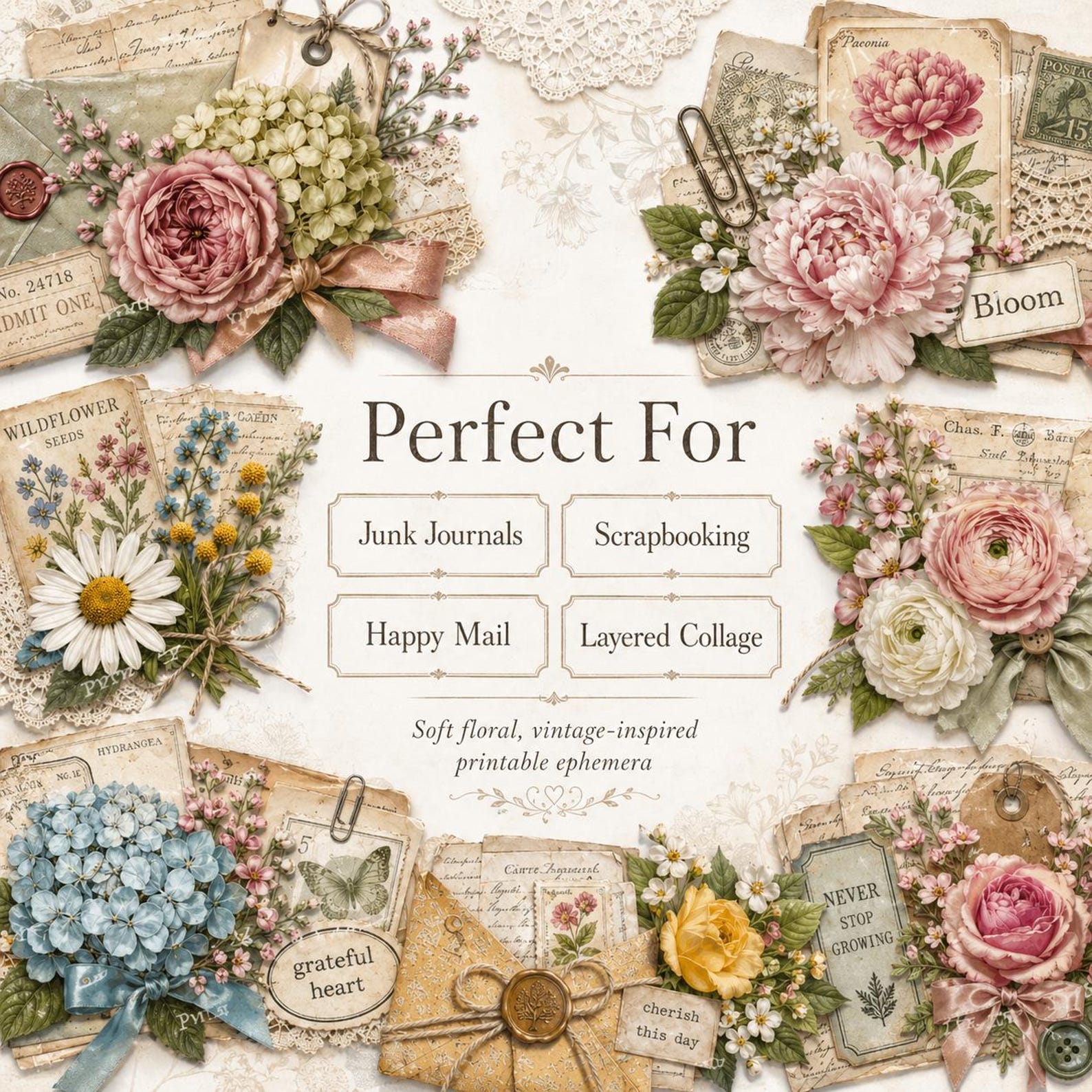 Flower Cluster Ephemera Bundle, Printable Floral Junk Journal Clusters ...