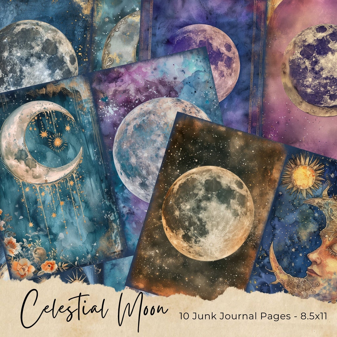 Celestial Moon Junk Journal Pages, Digital Scrapbook Paper Kit, Vintage ...