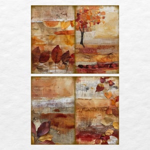 May include: A collage of four square images featuring autumn leaves and textures. The top left image shows a close-up of brown and orange leaves on a textured background. The top right image shows a tree with orange leaves against a background of brown and white textures. The bottom left image shows a close-up of brown and red leaves on a textured background. The bottom right image shows a close-up of brown and red leaves on a textured background.