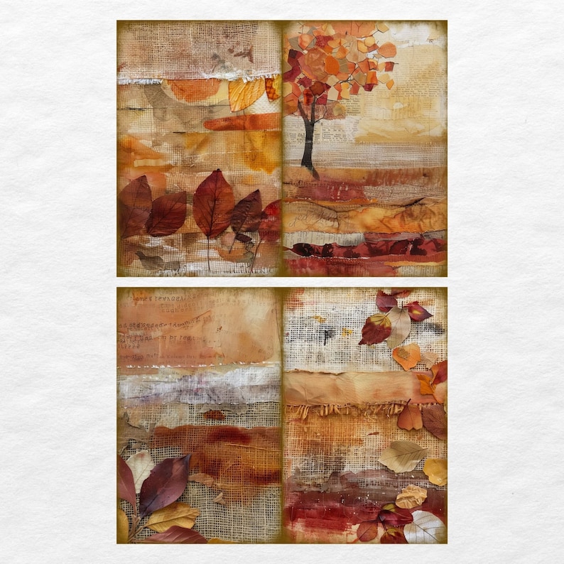 May include: A collage of four square images featuring autumn leaves and textures. The top left image shows a close-up of brown and orange leaves on a textured background. The top right image shows a tree with orange leaves against a background of brown and white textures. The bottom left image shows a close-up of brown and red leaves on a textured background. The bottom right image shows a close-up of brown and red leaves on a textured background.