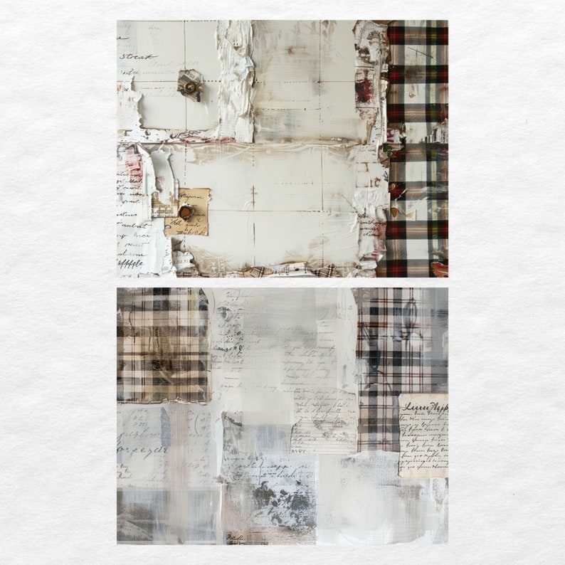 May include: A collage of white, gray, and brown paper with handwritten text and plaid patterns. The paper is torn and layered, creating a textured and abstract look.