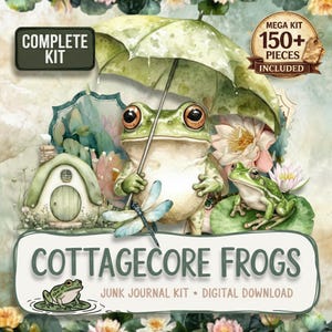 May include: A digital download image featuring watercolor illustrations of frogs in a cottagecore theme. The image includes a frog holding an umbrella, a dragonfly, and the text "COTTAGECORE FROGS". The kit includes 150+ pieces.