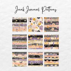 May include: Nine watercolor junk journal patterns with floral, butterfly, and geometric designs. The patterns feature stripes, circles, and floral elements in shades of purple, gold, and peach. The text "Junk Journal Patterns" is at the top.