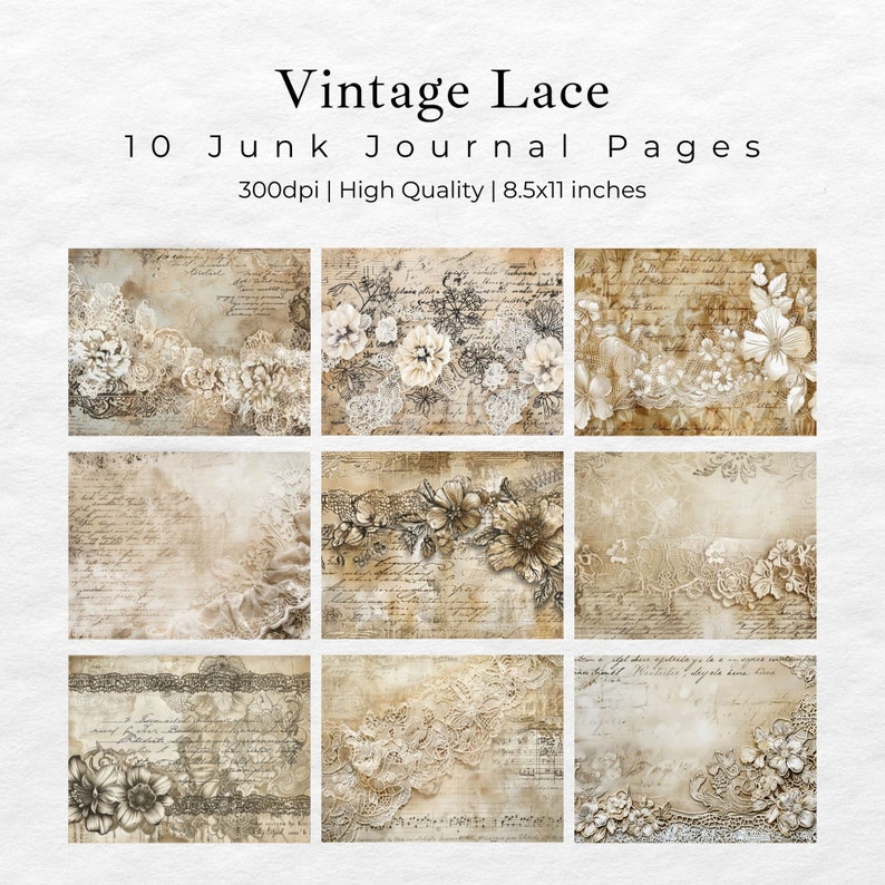 Vintage Lace Junk Journal Pages, Digital Grunge Scrapbook Paper ...
