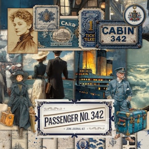 Puede incluir: Un collage de estilo vintage con temática náutica. Incluye un retrato, postales, un letrero de cabina y un letrero que dice "PASSENGER NO. 342 - JUNK JOURNAL KIT". La paleta de colores está dominada por azules, marrones y cremas.