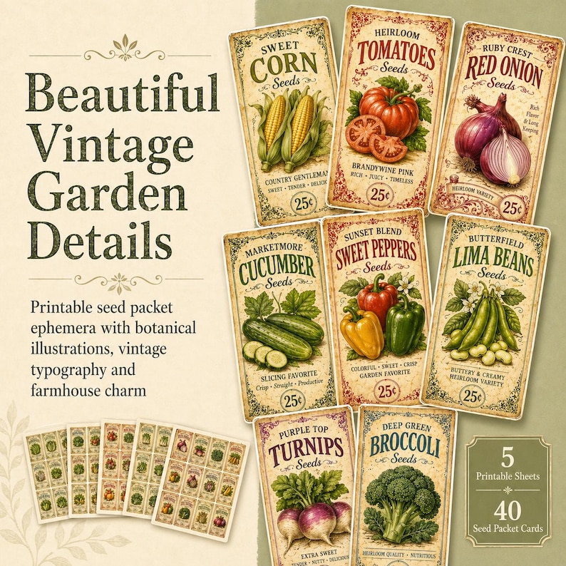 Puede incluir: Una colecci&oacute;n de tarjetas de paquetes de semillas de estilo vintage con ilustraciones de varias verduras como ma&iacute;z, tomates y cebollas. Las tarjetas tienen un dise&ntilde;o r&uacute;stico con ilustraciones bot&aacute;nicas y el texto "Beautiful Vintage Garden Details".