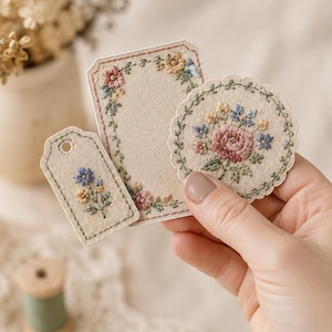 May include: Three beige fabric tags featuring intricate floral embroidery in shades of pink, blue, yellow, and green. The set includes one small rectangular tag with a hole, one larger rectangular tag with a floral border, and one circular scalloped tag.