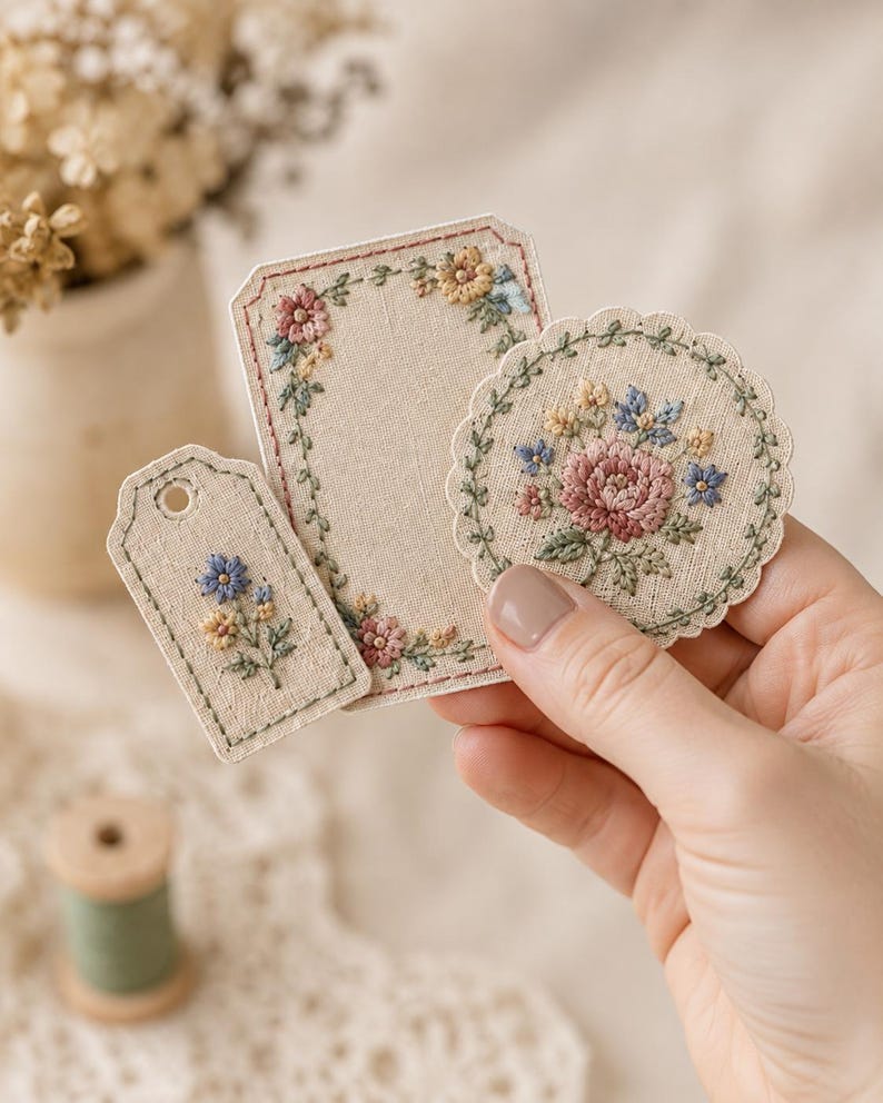 May include: Three beige fabric tags featuring intricate floral embroidery in shades of pink, blue, yellow, and green. The set includes one small rectangular tag with a hole, one larger rectangular tag with a floral border, and one circular scalloped tag.