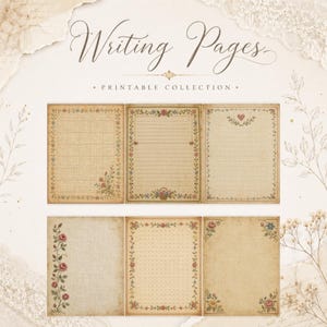 May include: A collection of six printable writing pages with vintage-style paper textures. The designs feature floral borders, grid lines, horizontal lines, and dot grids in muted tones of beige, brown, pink, and blue with the text Writing Pages.
