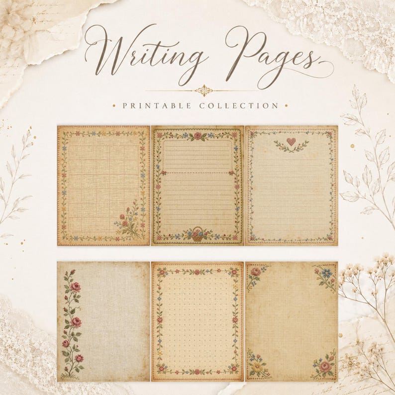 May include: A collection of six printable writing pages with vintage-style paper textures. The designs feature floral borders, grid lines, horizontal lines, and dot grids in muted tones of beige, brown, pink, and blue with the text Writing Pages.