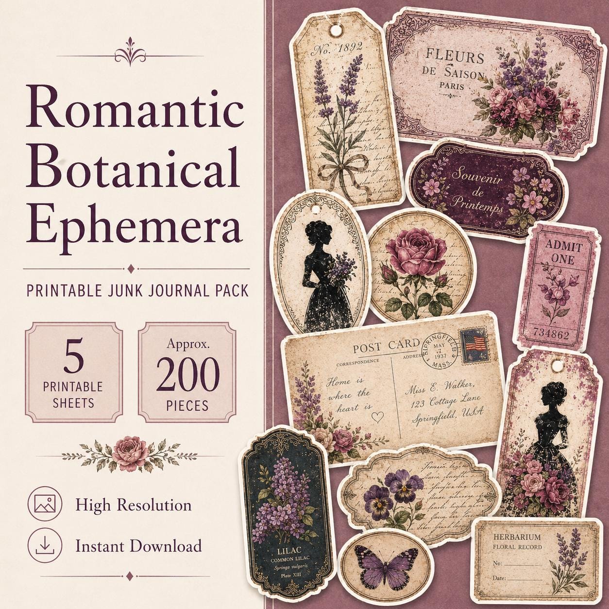 Romantic Botanical Ephemera, Printable Junk Journal Pack, Vintage ...