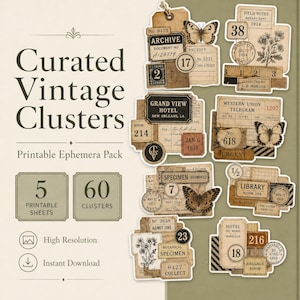 Puede incluir: Una colección de clusters vintage, incluyendo recibos, telegramas y especímenes botánicos. El diseño presenta mariposas y texturas de papel envejecido. El texto incluye "Curated Vintage Clusters" y "Printable Ephemera Pack".