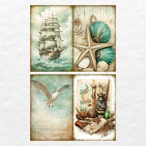 May include: A vintage-style collage featuring a sailing ship, a seagull, a starfish, seashells, and an old map with a lantern and compass. The collage has a faded, antique look with a blue and green colour scheme.