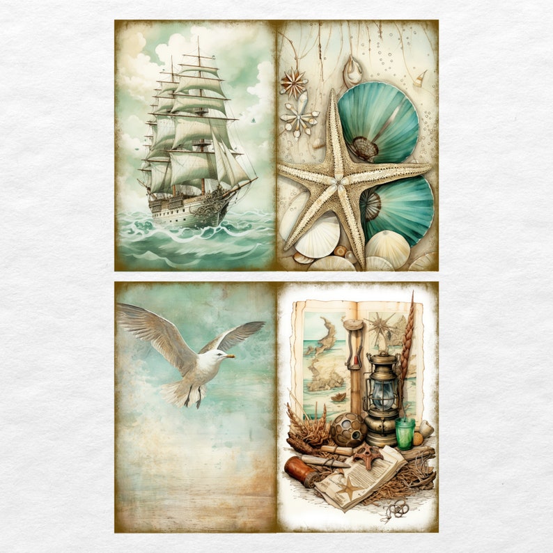 May include: A vintage-style collage featuring a sailing ship, a seagull, a starfish, seashells, and an old map with a lantern and compass. The collage has a faded, antique look with a blue and green colour scheme.