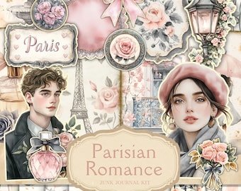 May include: A Parisian Romance junk journal kit featuring a pink and grey colour scheme. The kit includes a variety of papers, ephemera, and embellishments, including a vintage-style Eiffel Tower, a romantic couple, and a floral design. The kit is ideal for creating unique and personalised journals.
